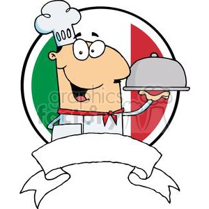 A Banner of Male Chef Serving Food In Platter In Front Of Flag Of Italy