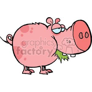 This is a colorful clipart image of a cartoon pig. The pig is pink with spots, has a tuft of hair on its head, and is chubby, with a large round body. It's depicted with a playful and somewhat lazy expression, and it's chewing on a green grass blade.