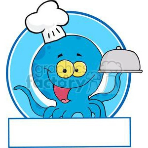 Cartoon Blue Octopus Chef holding a serving platter