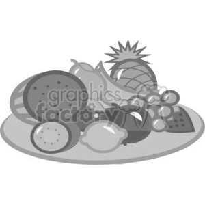 The image is a grayscale clipart depiction of a collection of various fruits. There's a pineapple, a bunch of grapes, possibly a sliced banana, a kiwi, and some sliced citrus which could be lemons or oranges. 