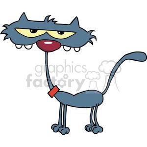 The clipart image depicts a comical, cartoon cat that appears to have an exaggeratedly long and slender body with a small head. The cat is drawn with a quirky expression, a conspicuous red nose, and a smirking mouth. Its feet are oversized compared to its thin legs, and there is a collar around its neck, suggesting it is a domestic pet.