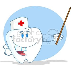 The clipart image features a stylized cartoon of a smiling anthropomorphic tooth. The tooth is wearing a nurse or dentist's cap with a red cross, indicating a medical profession related to dental care. It is also holding a long brown stick or pointer, which could suggest the role of an educator or presenter, perhaps explaining oral hygiene or dental procedures.
