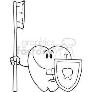 The clipart image features a cartoon portrayal of a tooth character. This character appears to be personified with a face, expressing contentment or cheerfulness. It is holding a toothbrush, as if ready to brush itself, and also carrying a shield decorated with an emblem of a tooth, suggesting defense against dental issues.