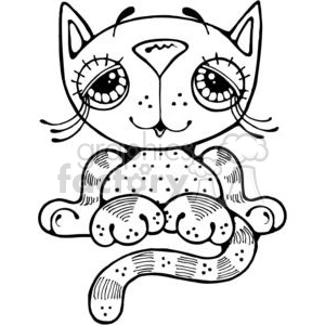 The image displays a line art drawing of a cartoon-style kitten. The kitten has large, expressive eyes, prominent whiskers, a small smiling mouth with a tongue sticking out, and pointed ears. Its body is adorned with various patterns such as dots and stripes. The kitten is sitting down, with its front paws visible and curled tail.