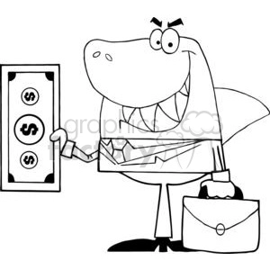 The clipart image shows a cartoon depiction of a shark dressed in business attire, holding a briefcase in one fin and a money bill in the other. The shark is anthropomorphized, standing on its tailfins and displaying a mischievous expression, which could imply a sense of sneakiness or deceit commonly associated with some aspects of business or corporate behavior.