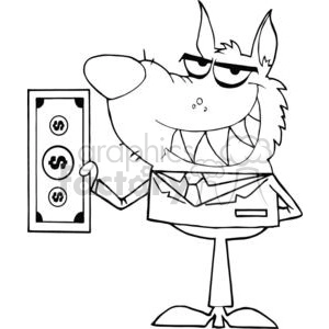 The clipart image displays a cartoon character that is a stylized wolf dressed in business attire (suit and tie), holding a piece of paper with dollar signs on it. The wolf has a mischievous or cunning expression, which implies a sense of sneakiness or deceit.