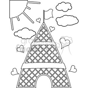 The clipart image features a simplified line drawing of the Eiffel Tower, a globally recognized symbol of Paris and France. It includes a flag at the top and clouds around it, with heart shapes floating or flying nearby, suggesting a theme of love or romance that is often associated with the city of Paris. The depiction is stylized rather than realistic and may be intended for coloring activities or as a decorative element.