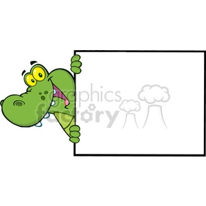 The clipart image displays a comical cartoon character resembling an alligator or crocodile. The character has exaggerated features, including large, round, yellow eyes with black pupils and a hint of glare, giving it a surprised or startled expression. The alligator's mouth is open, showcasing its tongue and a row of sharp teeth, adding to its goofy appearance. The character is peeking from behind a blank white sign, holding onto the sign's edge with one hand, as if ready to relay a message or jump into a scene. The overall pose and expression of the alligator make it look playful and ready for fun.