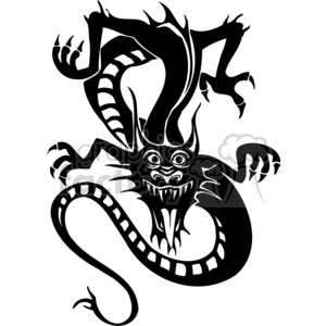 This is a black and white clipart image of a stylized Chinese dragon. The dragon is depicted with an aggressive expression and a dynamic, serpentine body. It features sharp claws, flared nostrils, pointed teeth, and large, piercing eyes. The design is simple and bold, making it suitable for uses such as vinyl-ready graphics or tattoos.