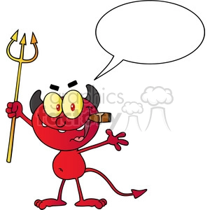 The image depicts a cartoon representation of a devil character. It features a red character with horns, yellow eyes, and a tail, holding a pitchfork in one hand and a cigar in the other. There is a comically oversized speech bubble indicating that the character can speak or is about to say something. The character has a mischievous expression.