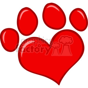The clipart image depicts a stylized animal paw print where the main pad is in the shape of a red heart, and the four smaller pads (toes) are arranged above it, also in red, emulating the look of a typical paw print.