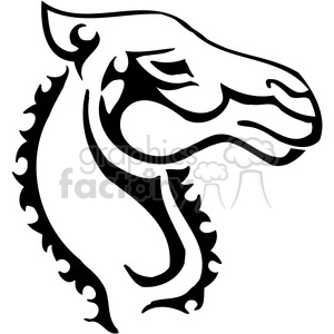 The clipart image shows a stylized outline of a camel's head and neck. It features prominent, bold lines and takes on a somewhat tribal or tattoo aesthetic, suitable for vinyl cutting or as a design template. The camel appears to be depicted in profile, with characteristic details such as a curved neck, a distinct eye, and the camel's hump backgrounded by a decorative border.