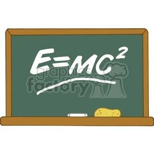 The image shows a green chalkboard with the famous equation E=mc^2 written in white chalk. At the bottom of the chalkboard, there appears to be a light-colored piece of chalk lying horizontally and a yellow sponge with brown spots, likely intended to be a chalk eraser. The frame of the chalkboard is brown, suggesting it's made of wood. The overall feel is that of a classic school or educational setting.