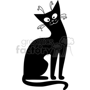 The image displays a stylized black cat clipart. The cat has a whimsical design with decorative swirls for whiskers, large eyes, and a playful expression.