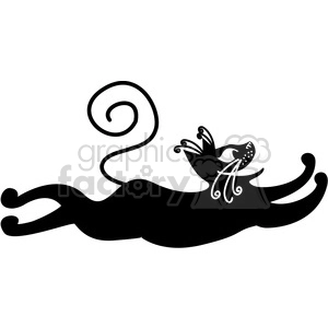 The image is a silhouette of a playful or relaxed black cat with distinctive features such as a curled tail and whimsical whiskers. The cat appears to be lying on its back in a carefree pose.
