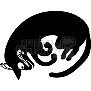 This clipart image features the silhouette of a black cat. The cat is in a curled-up position, resting or sleeping. The silhouette allows for a white negative space which forms decorative interior shapes, possibly to give artistic detail to the cat's body.