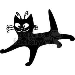 This is a black and white clipart image of a stylized black cat in a playful or lively pose. The cat has prominent, cartoonish eyes, whimsical whiskers that curl into spirals, and playful antennas on its head, adding to its whimsical charm.