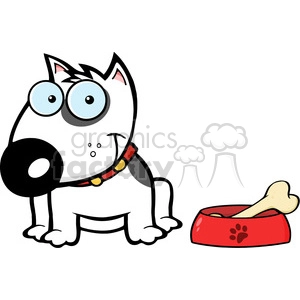 The image is a clipart featuring a cartoon dog with large blue eyes and a black spot around one eye, wearing a red collar with yellow accents. Next to the dog, there is a red food dish with a paw print design that contains a large bone.