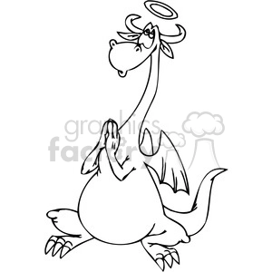 The image features a black and white line drawing of a cartoon-style dragon with a playful and humorous appearance. The dragon has a round, chubby body, a long neck, and an exaggerated facial expression characterized by a wide-eyed look and a smiling mouth. Its wings are small compared to its body, and it's depicted with a halo above its head. The dragon is sitting down with its hands clasped together in a gesture that could suggest praying or begging playfully.