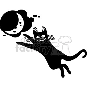 The image portrays a stylized black cat leaping or reaching towards the right, with a whimsical expression on its face. The background features a crescent moon partially obscured by a cloud, which together with the orientation of the cat creates a sense of dynamic night-time activity. The cat's design includes decorative swirls for whiskers and on the tail, adding an artistic flair to the clipart.