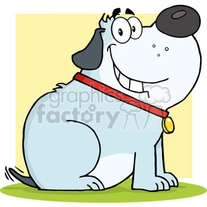 This is a clipart image of a comical, cartoonish dog. The dog is depicted in a humorous style, with a big, round body, a large nose, a wide-eyed and happy expression, and an oversized head. It wears a red collar with a yellow tag.