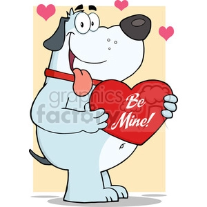 The clipart image features a comical dog hugging a large red heart that has the phrase Be Mine! written on it. The dog is white with grey spots and a large black spot over one eye. It has a happy and slightly goofy expression with its tongue out and is wearing a red collar. The background is beige with small pink hearts floating around, suggesting a theme of love or Valentine's Day.