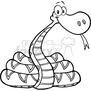 This clipart image features a comical black and white drawing of a cartoon snake. The snake has a large, exaggerated head with a goofy expression, big eyes, and a simple nose with two nostrils. Its body is coiled up in a playful manner, and the scales are drawn as simple stripes with a patterned design inside the coils.