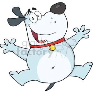 The image shows a cartoon of a happy, comical dog. The dog is drawn in an exaggerated, humorous style with a wide open mouth indicative of a joyful expression, big eyes popping out, a round body, a little tail wagging energetically, and limbs spread out as if it's dancing or jumping with excitement. The dog also wears a collar with a tag, suggesting it is a pet.
