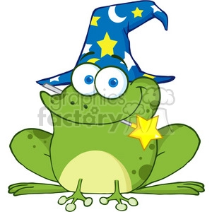 The image features a whimsical, cartoon-style frog wearing a wizard's hat decorated with stars and moons, and a magic wand with a star at its tip is attached to its body. The frog has large, exaggerated eyes, contributing to the comedy and fantasy feel of the clipart. The colors are vibrant, with the frog primarily green and the wizard hat in a striking blue with yellow stars.