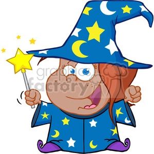 Clipart of Happy African American Wizard Girl Waving With Magic Wand