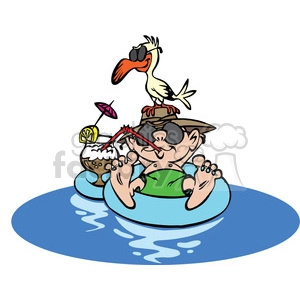 cartoon guy floating on rubber tube vacation