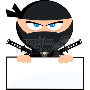Royalty Free RF Clipart Illustration Angry Ninja Warrior Cartoon Character Over Blank Sign Flat Design