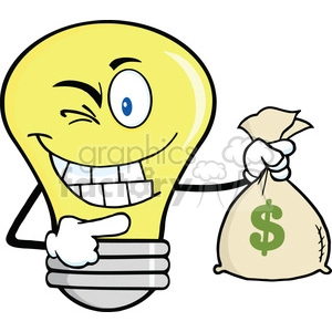 6104 Royalty Free Clip Art Light Bulb Cartoon Mascot Character Holding A Bag Of Money