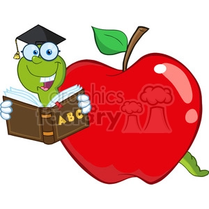 6243 Royalty Free Clip Art Happy Worm In Red Apple Reading A School Book