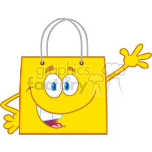 6726 Royalty Free Clip Art Smiling Yellow Shopping Bag Cartoon Mascot Character Waving For Greeting