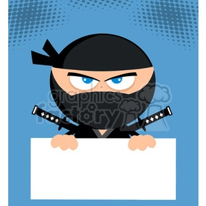 Ninja Warrior Cartoon Character Holding Blank Sign Flat Design