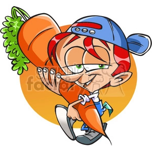 The clipart image features a cartoon character holding a very large carrot. The character has red hair with a blue and red cap, green eyes, is wearing a white shirt and blue pants. They are holding a giant carrot almost as big as they are, with their cheek pressed up against it and one eye playfully squinted.