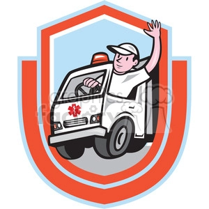 ambulance driver waving in shield shaped logo