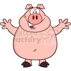 This clipart image depicts a cartoon pig that appears cheerful and is standing upright with its arms outstretched. The pig has a big smile, prominent front teeth, wide eyes, and a playful expression, which contributes to the funny aspect of the animal character.
