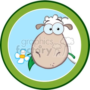 This is a clipart image featuring a cute and funny-looking sheep. The sheep appears to have a surprised or goofy expression with large, googly eyes. It has a whimsical tuft of hair on top of its head and a flower with a leaf next to it, suggesting it might be in a field or meadow. The background consists of a blue inner circle, representing the sky, and a green border that could be indicative of grass, enhancing the outdoor, pastoral theme of the image.
