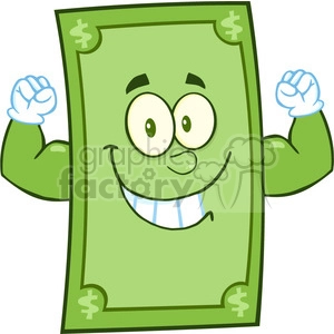 The clipart image shows an anthropomorphic dollar bill character. The dollar has arms and hands, with one arm making a flexed bicep pose, indicating strength. The character has a smiling face and eyes, giving it a friendly and lively expression. The coloring of the bill is predominantly green, typical of United States currency, and it features currency symbols such as the dollar sign.