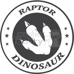The clipart image features a stylized paw print that resembles a dinosaur's, specifically a raptor's, footprint. The design is enclosed within a circular border with the words RAPTOR at the top and DINOSAUR at the bottom. There are small stars along the sides of the circular border, between the two words.