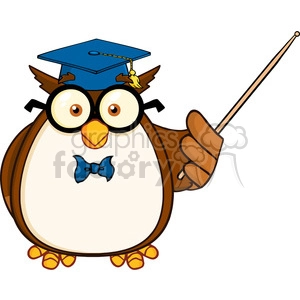 This clipart image features a cartoon owl wearing a graduation cap (mortarboard) with a tassel on its head, a bow tie, and holding a pointer stick with one of its wings. The owl has large, round, expressive eyes and is presenting an amusing and scholarly appearance.