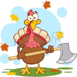 This clipart image features a cartoon turkey with a panicked expression on its face, holding a wooden stick with an axe at the end. The turkey is standing on a patch of grass, and there are autumn leaves falling around it against a backdrop of a blue sky with a white cloud.