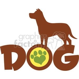 The image is a stylized representation of a dog standing on top of a design that spells the word DOG. The 'O' in the middle is replaced with a graphic of a yellow circle featuring a green paw print. The image is simplified with bold lines and solid colors, making it visually strong and suitable for various graphic design applications like logos, pet care brands, or children's educational materials.