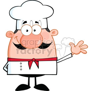 The clipart image features a cartoon chef. The chef has a round, friendly face with a big smile and rosy cheeks, a large red nose, and is wearing spectacles. He's got a white chef's hat on his head, and he's dressed in a white chef's coat with a red neckerchief. The chef is also depicted with one hand extended as if he's making a welcoming gesture or presenting something.
