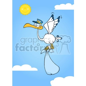 The clipart image depicts a funny cartoon stork flying through a blue sky with white clouds. The stork is wearing a cap labeled BABY and glasses, and is carrying a bundle tied with a bow, which traditionally represents a baby being delivered. The sun in the top left corner has a smiling face.