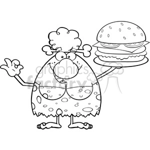 black and white chef cave woman cartoon mascot character holding a big burger and gesturing ok vector illustration