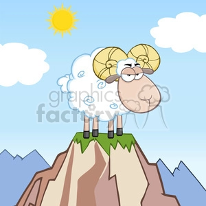 This is a cartoon-style clipart image featuring a humorous depiction of a sheep or ram. The animal is standing on top of a brown mountain peak that has a small patch of green grass at the summit. The sheep has a fluffy white body, a light brown face, and large, curly yellow horns. It also appears to be wearing glasses, adding to the comical nature of the image. In the background, there is a clear blue sky with a few white clouds and a bright yellow sun on the upper left side.