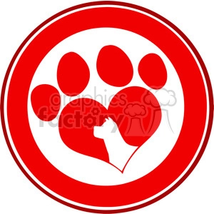 Royalty Free RF Clipart Illustration Love Paw Print Red Circle Banner Design With Dog Head Silhouette